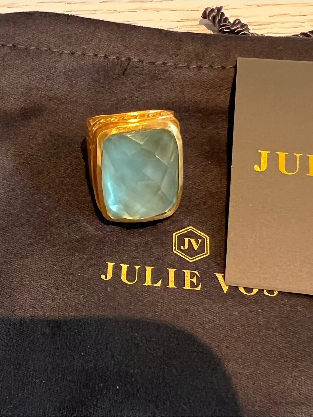 Julie Vos Gold Ring with Aquamarine Green Stone